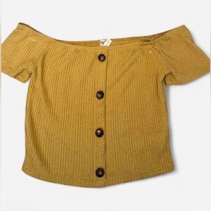 Off-Shoulder Button Front Knit Top - Mustard